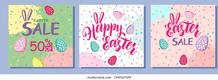 Happy Easter Set of Sale banners, greeting cards, posters, holiday covers. Typography, hand painted plants, dots, eggs, in pastel colors. Modern art minimalist style. Trendy design