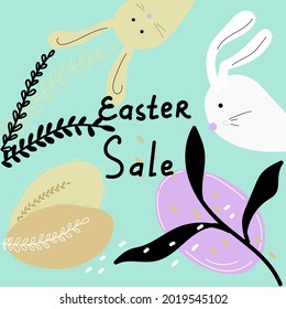 Happy Easter Set of Sale banners, greeting cards, posters, holiday covers. Trendy design with typography, hand painted plants, dots, eggs and bunny, in pastel colors. Modern art minimalist style.