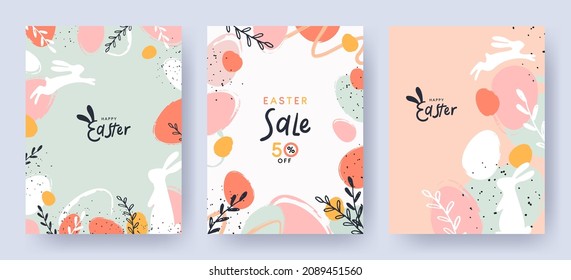 Happy Easter Set Sale banners  greeting cards  posters  holiday covers  Trendy design and typography  hand painted plants  dots  eggs   bunny  in pastel colors  Modern art minimalist style 