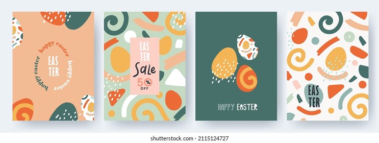 Feliz Juego de Pascua de Banners de venta, tarjetas de felicitación, afiches, portadas de vacaciones. Diseño de doodle moderno con tipografía, trazos pintados a mano, puntos y huevos en colores pastel. Arte moderno de estilo minimalista.