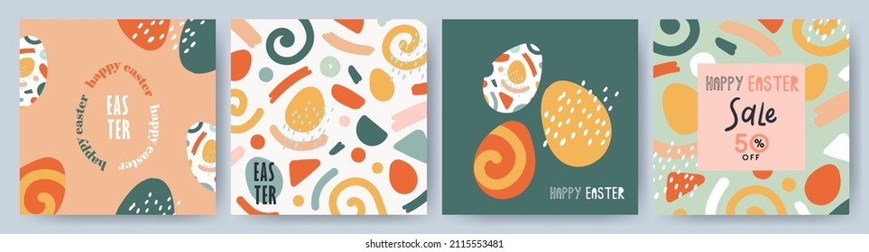 Happy Easter Set of Sale banners, greeting cards, posters, holiday covers. Trendy doodle design with typography, hand painted strokes, dots and eggs in pastel colors. Modern art minimalist style.