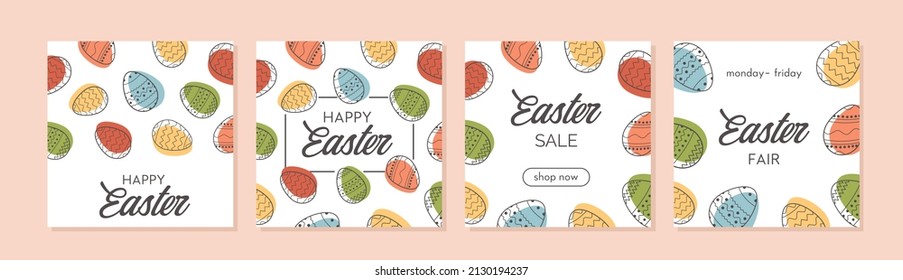 Happy Easter set of sale banners, greeting cards, posters, holiday covers or social media post. Trendy Easter square abstract templates. Modern art in minimalist style. Vector illustration.