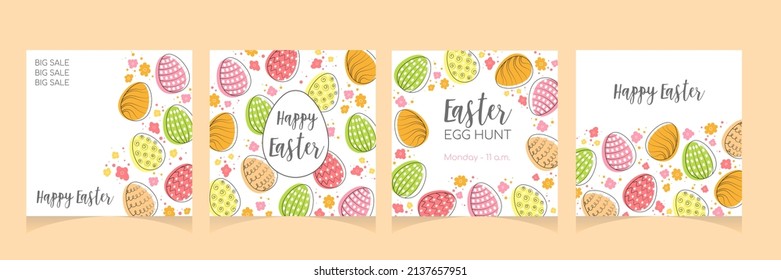 Happy Easter set de banners de venta, tarjetas de felicitación, afiches, portadas para fiestas o publicaciones en medios sociales. Plantillas abstractas de la plaza de Pascua de moda. Arte moderno de estilo minimalista. Ilustración vectorial. 