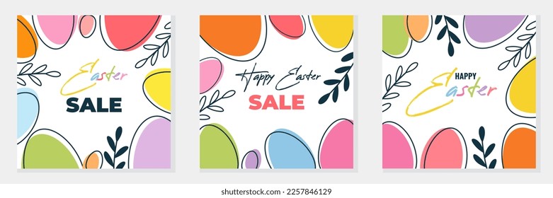 Happy Easter Set of Sale banners, greeting cards, posters, holiday covers template, with typography, plants, eggs in pastel colors. Vector illustration in flat style