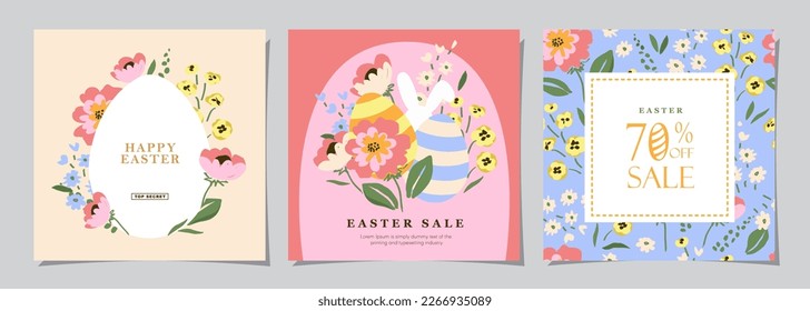 Happy Easter Set of Sale banners, social media, greeting cards, posters, holiday covers. Trendy design with typography, hand painted plants, dots, eggs and bunny, in pastel colors. banner background.