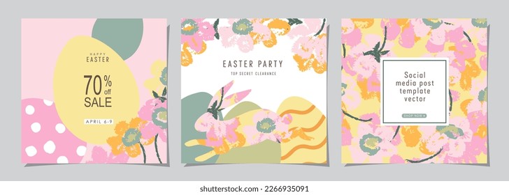 Happy Easter Set of Sale banners, social media, greeting cards, posters, holiday covers. Trendy design with typography, hand painted plants, dots, eggs and bunny, in pastel colors. banner background.