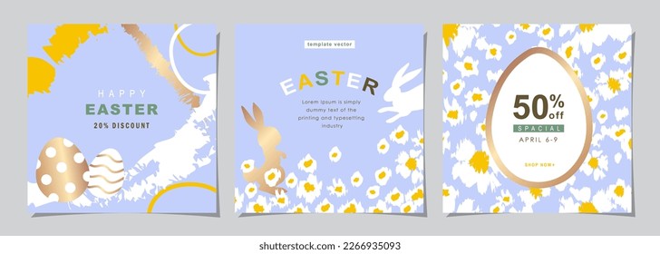 Banners de Happy Easter Set of Sale, medios sociales, tarjetas de felicitación, afiches, portadas de vacaciones. Diseño moderno con tipografía, plantas pintadas a mano, puntos, huevos y conejito, en tonos pastel. fondo del cartel.