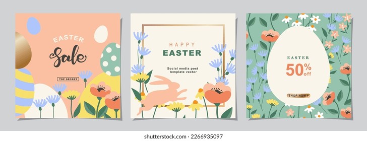 Happy Easter Set of Sale banners, social media, greeting cards, posters, holiday covers. Trendy design with typography, hand painted plants, dots, eggs and bunny, in pastel colors. banner background.