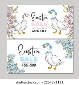 Happy Easter Set of Sale banners, greeting cards, posters, holiday covers. Trendy design with typography, hand painted plants, dots, eggs and bunny, in pastel colors. Modern art minimalist style.