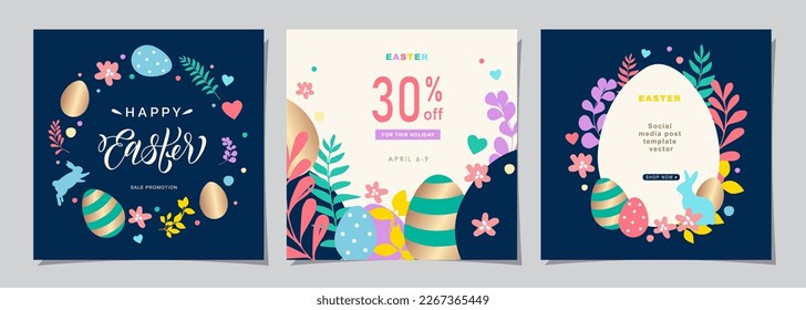 Happy Easter Set of Sale banners, social media, greeting cards, posters, holiday covers. Trendy design with typography, hand painted plants, eggs and bunny, in pastel colors. banner background.