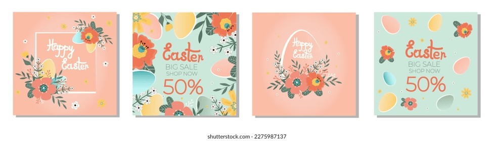 Feliz Pascua. Establecer banners de venta. Flores con huevo de Pascua sobre fondo azul y rosa. Se puede agregar texto. Diseño para banner, afiche, postal. EPS10.