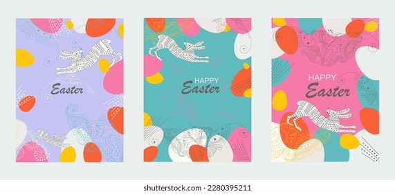Feliz Juego de Pascua de Banners de venta, tarjetas de felicitación, afiches, portadas de vacaciones. Diseño moderno con tipografía, plantas pintadas a mano, puntos, huevos y conejito, en tonos pastel. Arte moderno de estilo minimalista.
