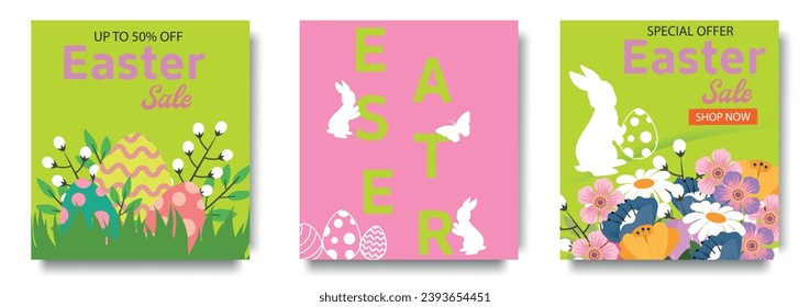 Happy Easter Set of Sale banners, greeting cards, posters, holiday covers. Trendy design with typography, flowers eggs and bunny. Modern art minimalist style.