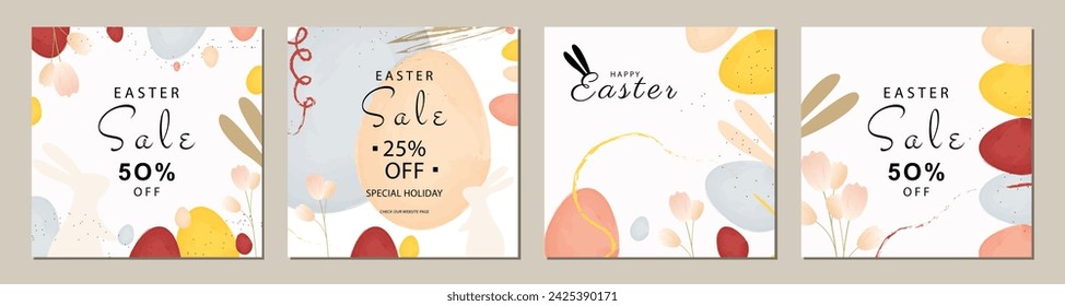 Happy Easter Set of Sale banners, greeting cards, posters, holiday covers. Trendy design with typography, eggs and bunny, in pastel colors. Modern art minimalist style