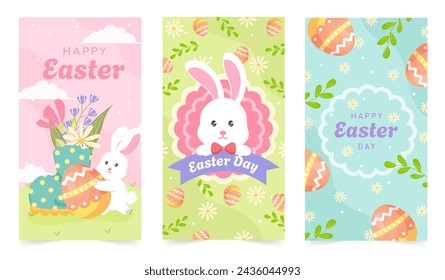 Happy Easter Set of Sale banners, greeting cards, posters, holiday covers. Trendy design with typography, hand painted plants, dots, eggs and bunny, in pastel colors. flat vector illustrations.