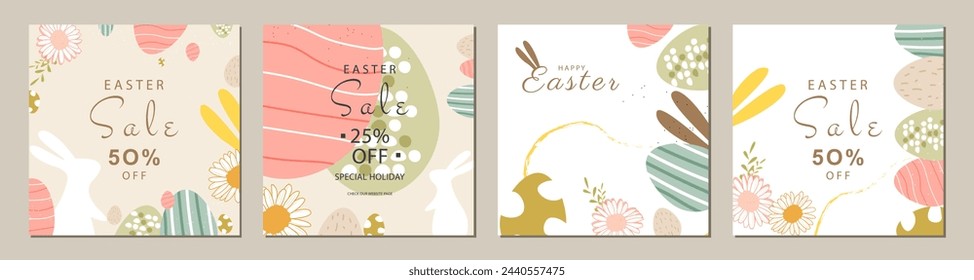 Feliz Pascua Set de banners de venta, tarjetas de felicitación, carteles, cubiertas de vacaciones. diseño de moda con tipografía, huevos y conejito, en colores pastel.