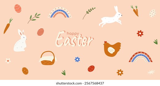 Happy Easter Set of Sale banners, greeting cards, posters, holiday covers. Trendy design with typography, hand painted plants, dots, eggs and bunny, in pastel colors. Modern art minimalist style.