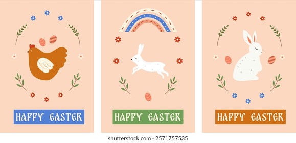 Happy Easter Set of Sale banners, greeting cards, posters, holiday covers. Trendy design with typography, hand painted plants, dots, eggs and bunny, in pastel colors. Modern art minimalist style.