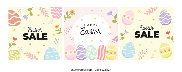 Happy Easter set of sale banners, greeting cards, posters, holiday covers. Cute eggs with spring flowers in pastel colors