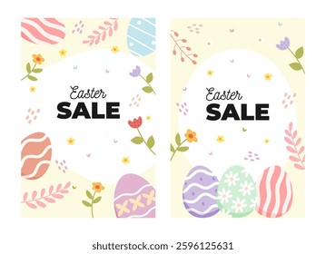 Happy Easter set of sale banners, greeting cards, posters, holiday covers. Cute eggs with spring flowers in pastel colors illustration