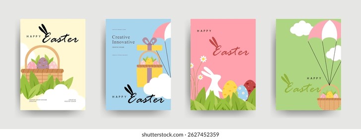 Happy Easter Set of Sale banners, greeting cards, posters, holiday covers. Trendy design with typography, eggs and bunny, in pastel colors. Modern art minimalist style