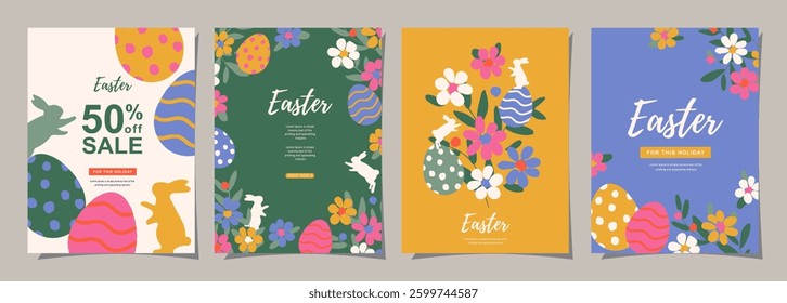 Happy Easter Set of Sale promotions, social media, greeting cards, posters, holiday covers. Trendy design with typography, hand drawn flowers, eggs and bunny, in vibrant colors. Vector background.