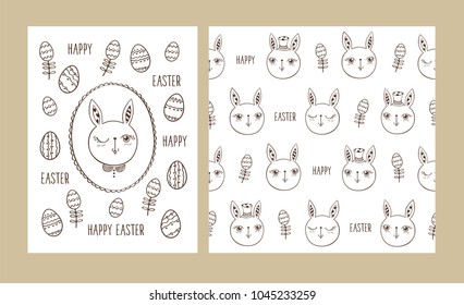 Happy Easter set. Seamless pattern and greeting card with cute rabbits and eggs. Vector illustration.