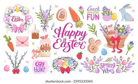 Happy Easter set. Spring collection of flowers and decorations, lettering. Basket with Easter eggs and cake. Willow branch, flowers and nest. Handmade cookies. Vector flat illustration.