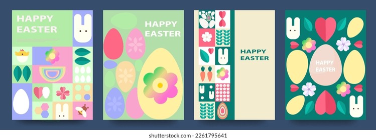 Happy easter. Set of spring geometric mosaic cards with rabbit, eggs and flowers. Backgrounds in pastel colors.Vector illustration