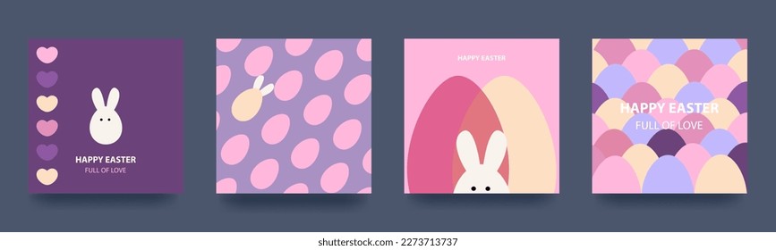 Happy easter. Set of spring holiday cards with rabbit, eggs and flowers. Backgrounds in pastel colors. Mosaic style. Vector illustration