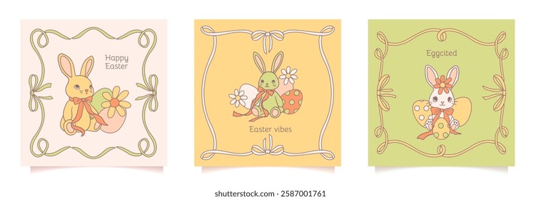 Happy Easter set of square cards, posters or covers in modern minimalist coquette style with ribbon frames, eggs and rabbit with bows. Trendy vector cute templates for social media ads or invitations