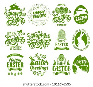 Happy Easter set. Stylized, plain and monochrome labels with bunny, painted eggs, calligraphy and lettering. Isolated on white background. Easy for use. Vector illustration.