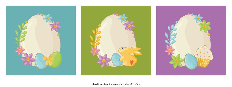 Happy Easter. Set of template banners, greeting cards, posters, holiday covers. Easter design with eggs, bunny, flowers and bow. Trendy sweet candy style. Vector set for invitation.