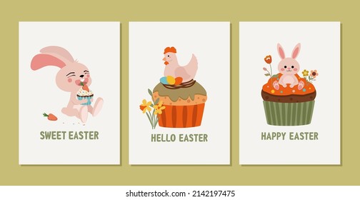 Feliz Pascua. Juego de cartas temáticas con conejillos y dulces. Hermosa plantilla vectorial.