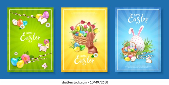 Happy Easter! Set of three backgrounds template with bright colorful decorated eggs, Chocolate Bunny, basket filled with eggs and cookies. Willow twigs, green grass and bunch of spring tulips 