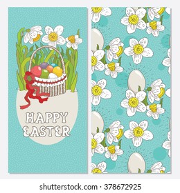Happy Easter. Set of two greeting cards. Basket with eggs and daffodils. Vector illustration