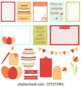 Happy Easter. Set of vector cards for scrapbooking about Happy Easter. Cards for journaling . Tags for scrapbooking. Motivational phrase. Cups for tea. Happy Easter theme.
