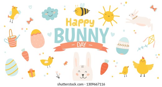 Happy Easter set in vector. Cute and funny Bunny, chicken and chicks, carrot, eggs and other graphic holiday elements in stylish colors. Holidays spring and summer cartoon concept set