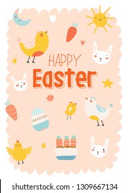 Happy Easter set in vector. Cute and funny Bunny, chicken and chicks, carrot, eggs and other graphic holiday elements in stylish colors. Holidays spring and summer cartoon concept set