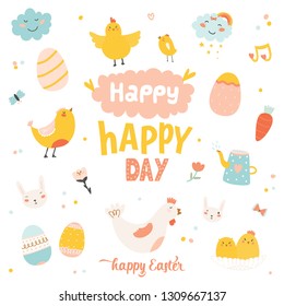 Happy Easter set in vector. Cute and funny Bunny, chicken and chicks, carrot, eggs and other graphic holiday elements in stylish colors. Holidays spring and summer cartoon concept set