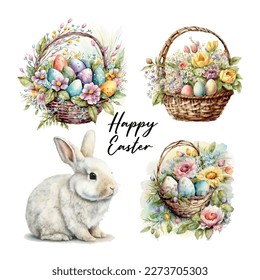 Feliz set de Pascua Vector adorables ilustraciones clásicas de huevos de Pascua en una canasta de flores, polluelos, conejo texto de saludo para una tarjeta de saludo, afiche o fondo