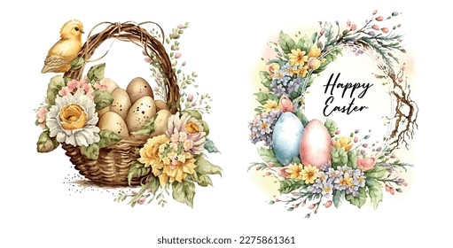 Feliz set de Pascua Vector adorables ilustraciones clásicas de huevos de Pascua en una canasta de flores, polluelos, conejo texto de saludo para una tarjeta de saludo, afiche o fondo