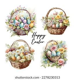 Happy easter set Vector cute classic illustrations of easter eggs in a basket of flowers, chick, bunny greeting text for a greeting card, poster or background