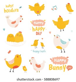 Happy Easter set in vector. Cute and funny chicken and chicks in stylish colors. Cute illustration and Easter typography. Vector. Isolated. White background