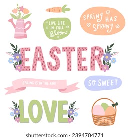 Happy Easter, set of vector design elements. Easter cute bunny with colored eggs. Adorable Easter bunny with traditional holiday decor and calligraphy lettering. Set of Easter signs.