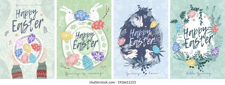 Happy Easter  A set vector Easter illustrations  Easter eggs plate  Flowers  Easter eggs  rabbit  Spring flower illustration  Perfect for poster  cover  postcard 