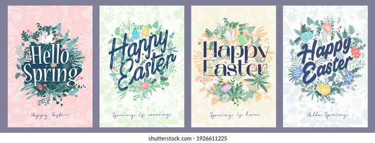 Happy Easter. A set of vector Easter illustrations.  Flowers, Easter eggs, rabbit. Spring flower illustration. Perfect for a poster, cover, or postcard.