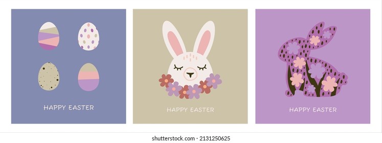 Happy Easter. A set of vector Easter illustrations. Easter eggs, rabbit. Perfect for a poster, cover, or postcard.