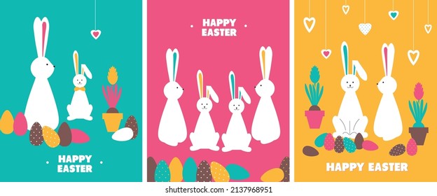 Happy Easter. Set of vector easter illustrations. Easter eggs, rabbit. Ideal for poster, cover or postcard, banner.