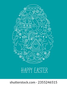 Happy Easter. A set of vector Easter illustrations. Easter eggs, rabbit. Perfect for a poster, cover, or postcard. Vector stock illustration.